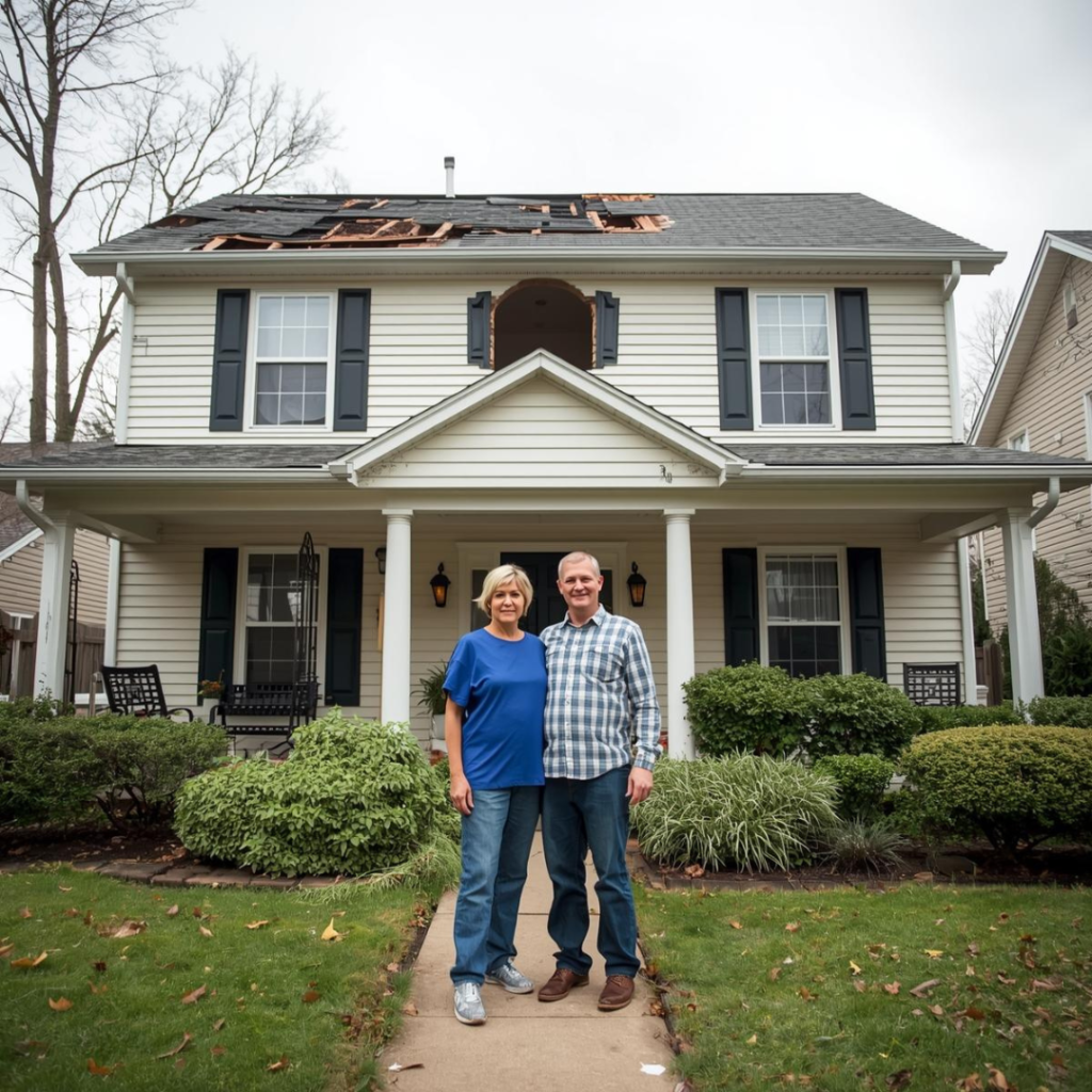 Couple standing in front of damage home caused by storm damage