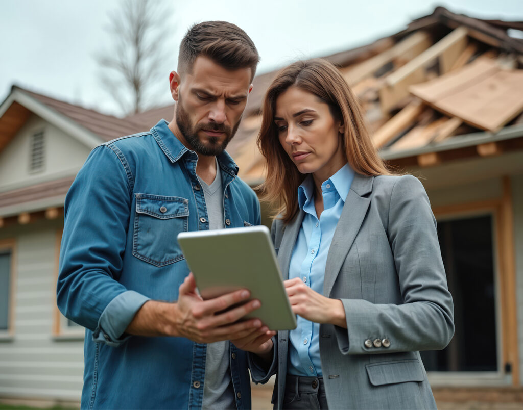 Couple standing in front of damage home caused by storm damage