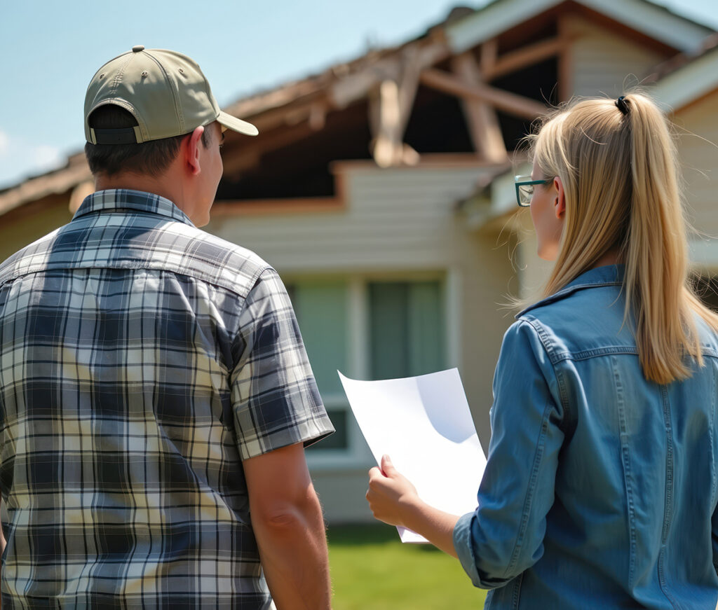 Homeowners discussing storm damage to their house while reviewing insurance claim documents.