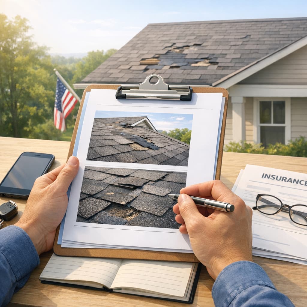 Georgia homeowner reviewing roof damage photos calmly after a windstorm.