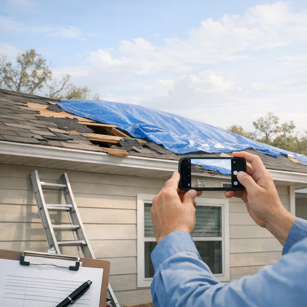 Homeowner taking photos of roof damage after hurricane in Louisiana.