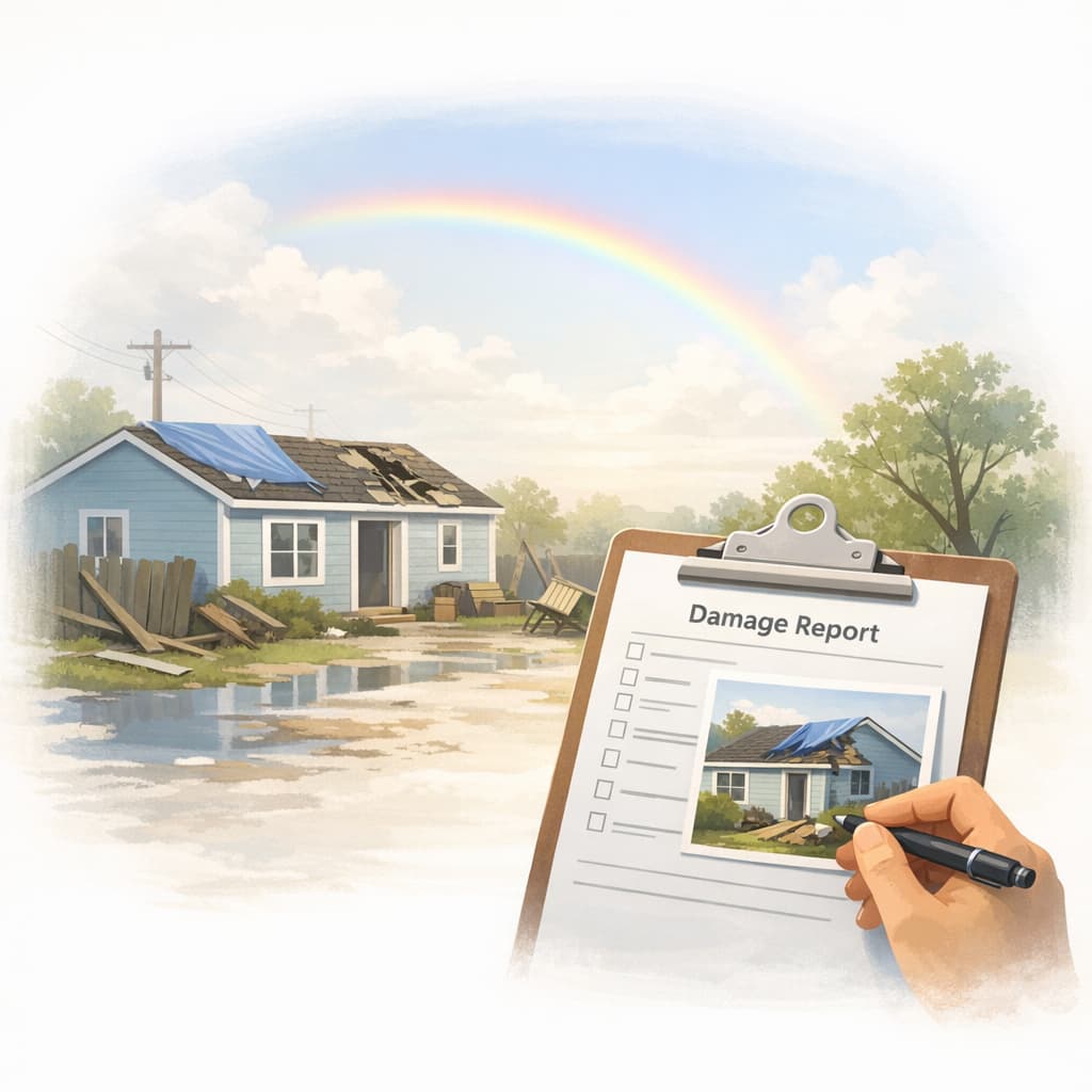 Louisiana homeowner calmly documenting storm damage for insurance claim paperwork